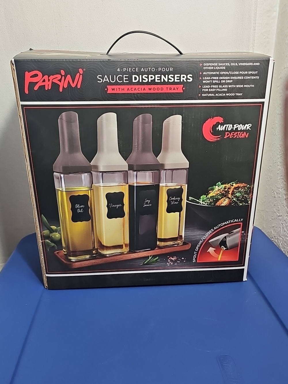 Parini 4-Piece Auto-Pour Sauce Dispenser Set with Acacia Tray - Brown/Beige Tops